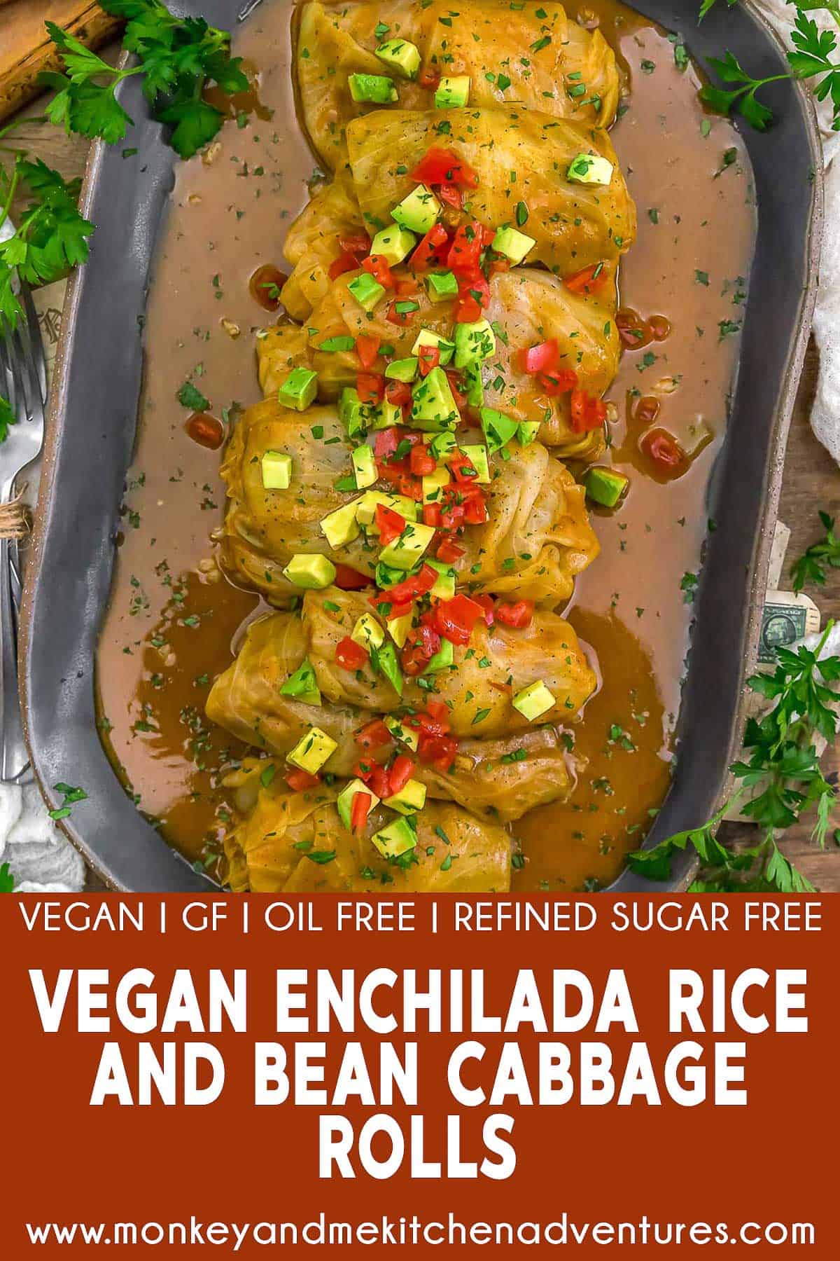 Vegan Enchilada Rice and Bean Cabbage Rolls with text description