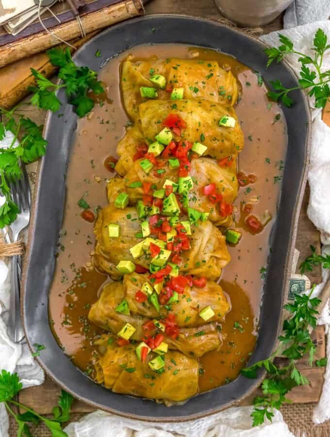 Platter of Vegan Enchilada Rice and Bean Cabbage Rolls