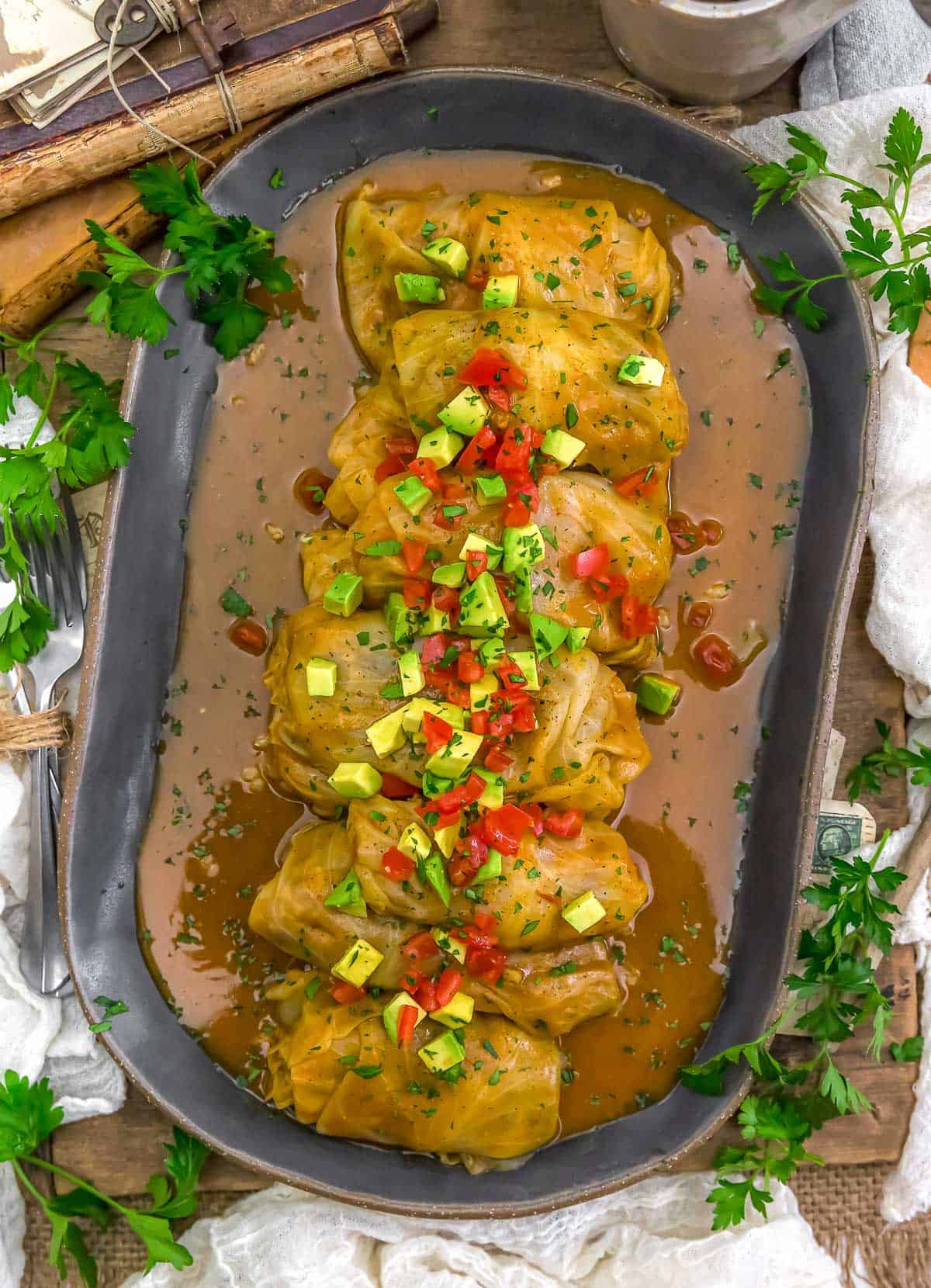 Platter of Vegan Enchilada Rice and Bean Cabbage Rolls