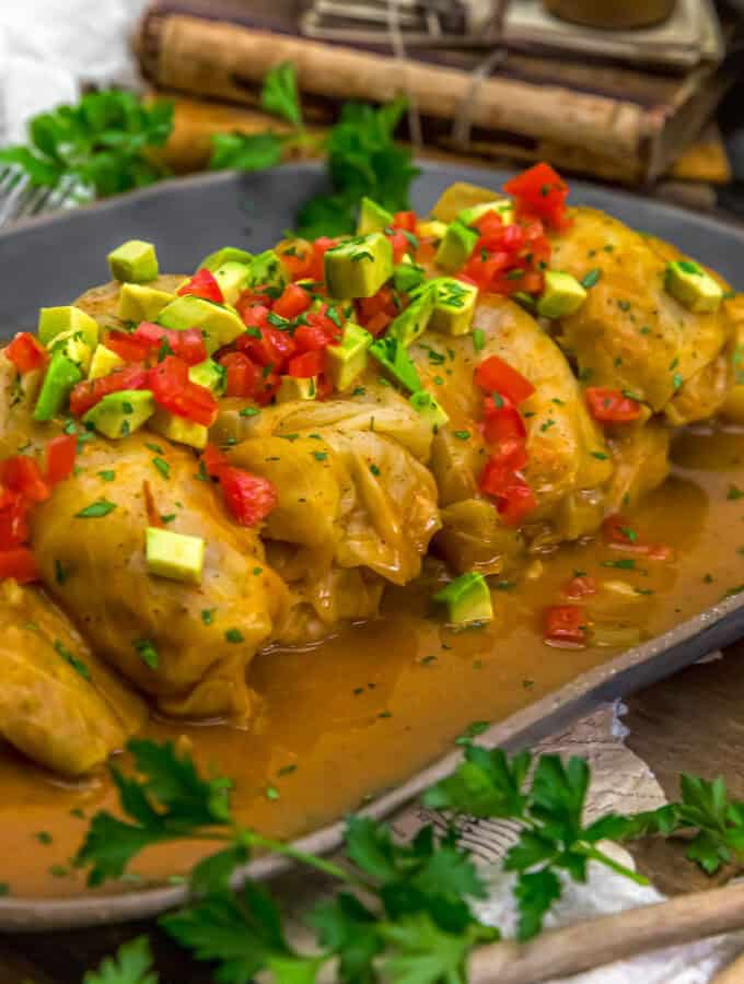 Close up of Vegan Enchilada Rice and Bean Cabbage Rolls