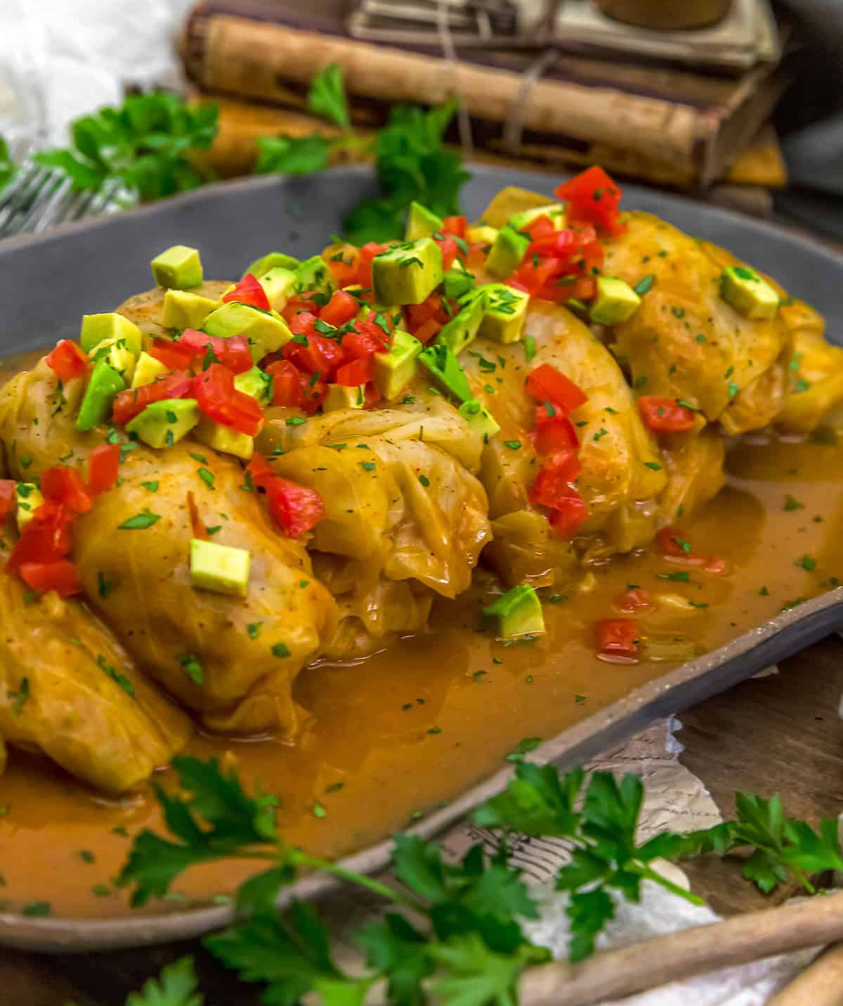 Close up of Vegan Enchilada Rice and Bean Cabbage Rolls
