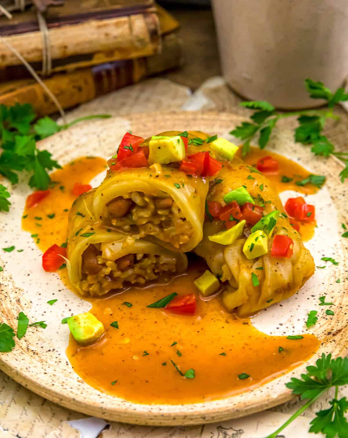 Plated Vegan Enchilada Rice and Bean Cabbage Rolls