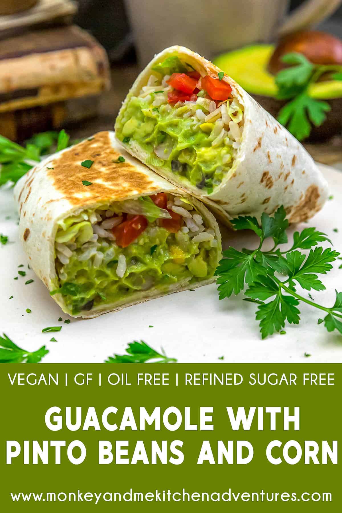 Guacamole with Pinto Beans and Corn with text description