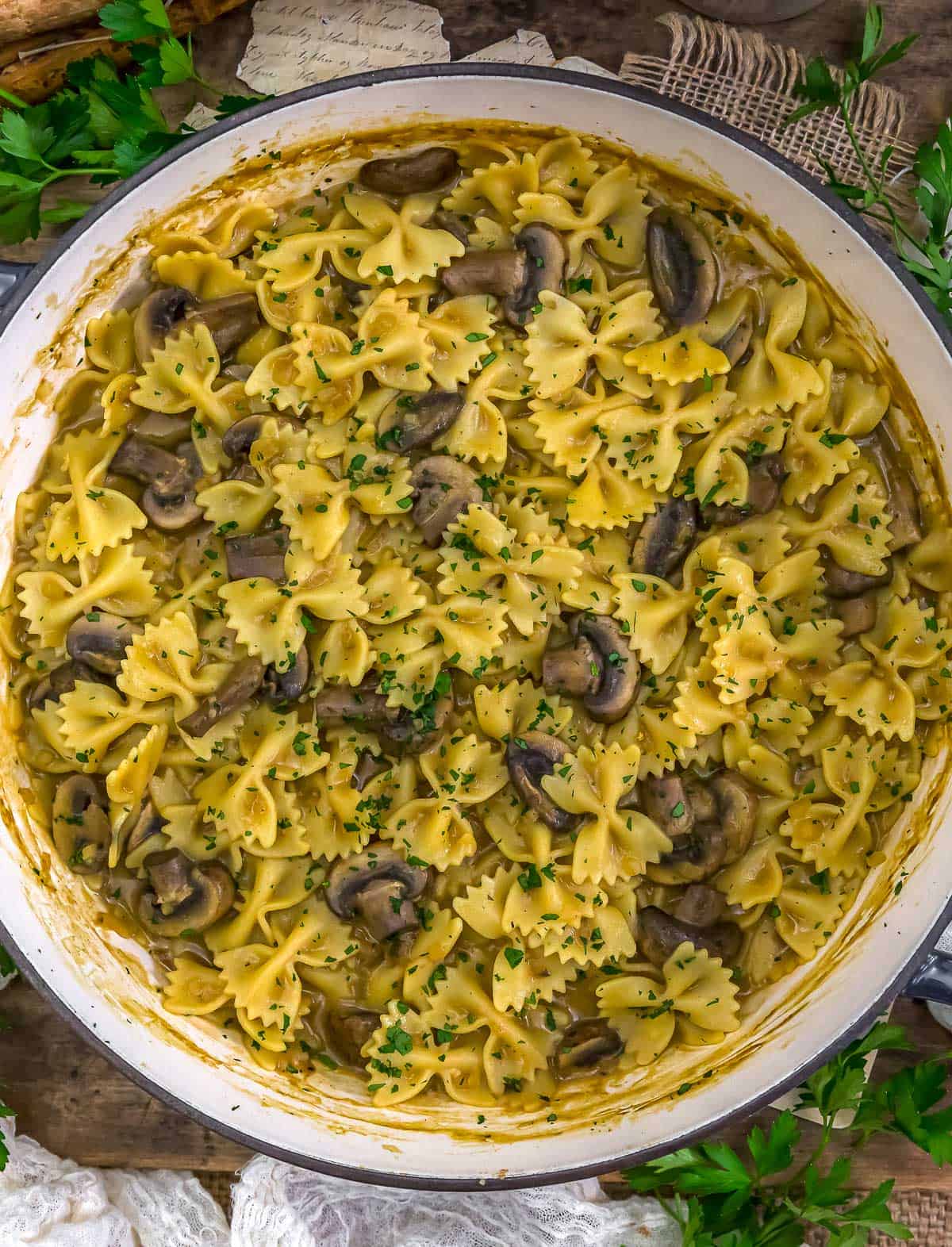 Skillet of Low-Fat Easy Umami Mushrooms and Pasta