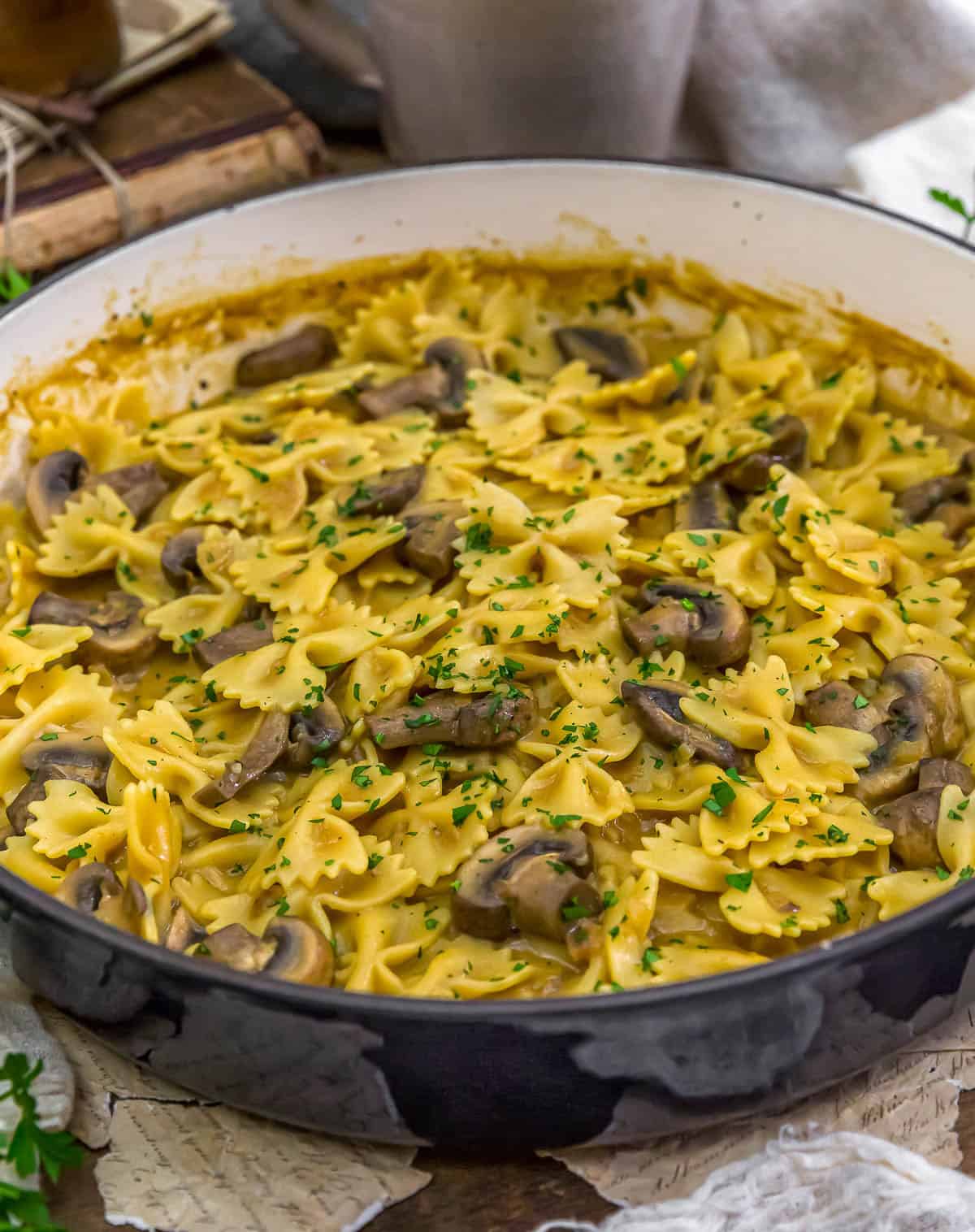 Close up of Low-Fat Easy Umami Mushrooms and Pasta