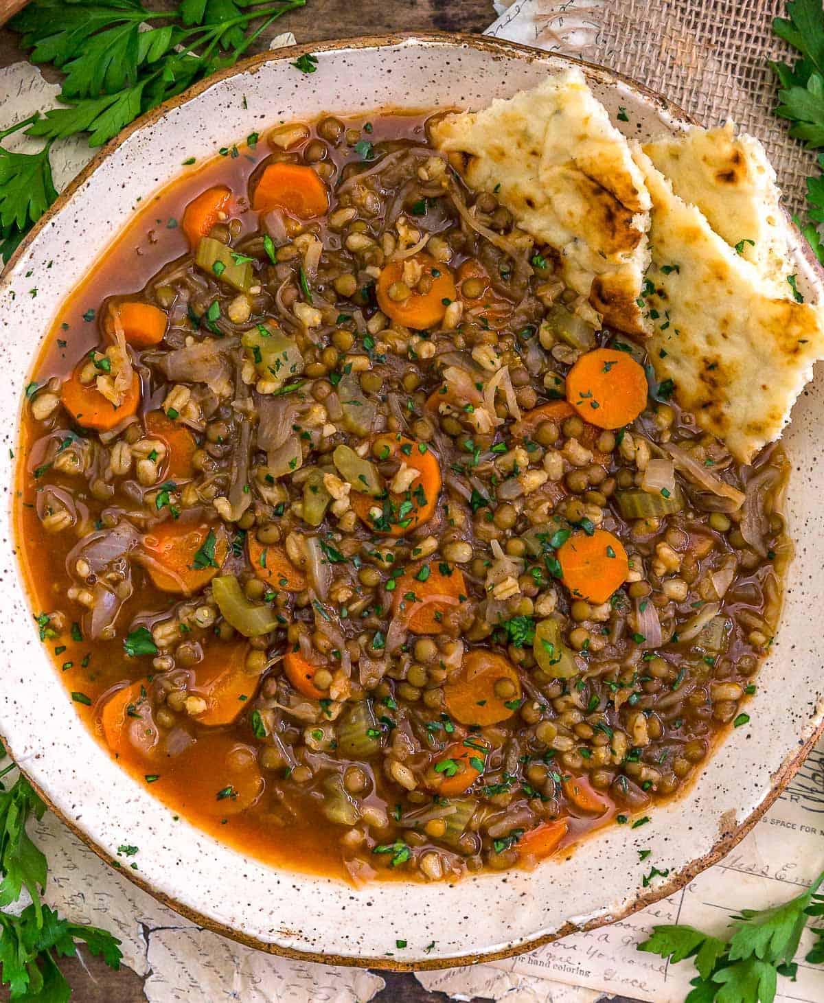 Bowl of Lentil Barley Cabbage Soup
