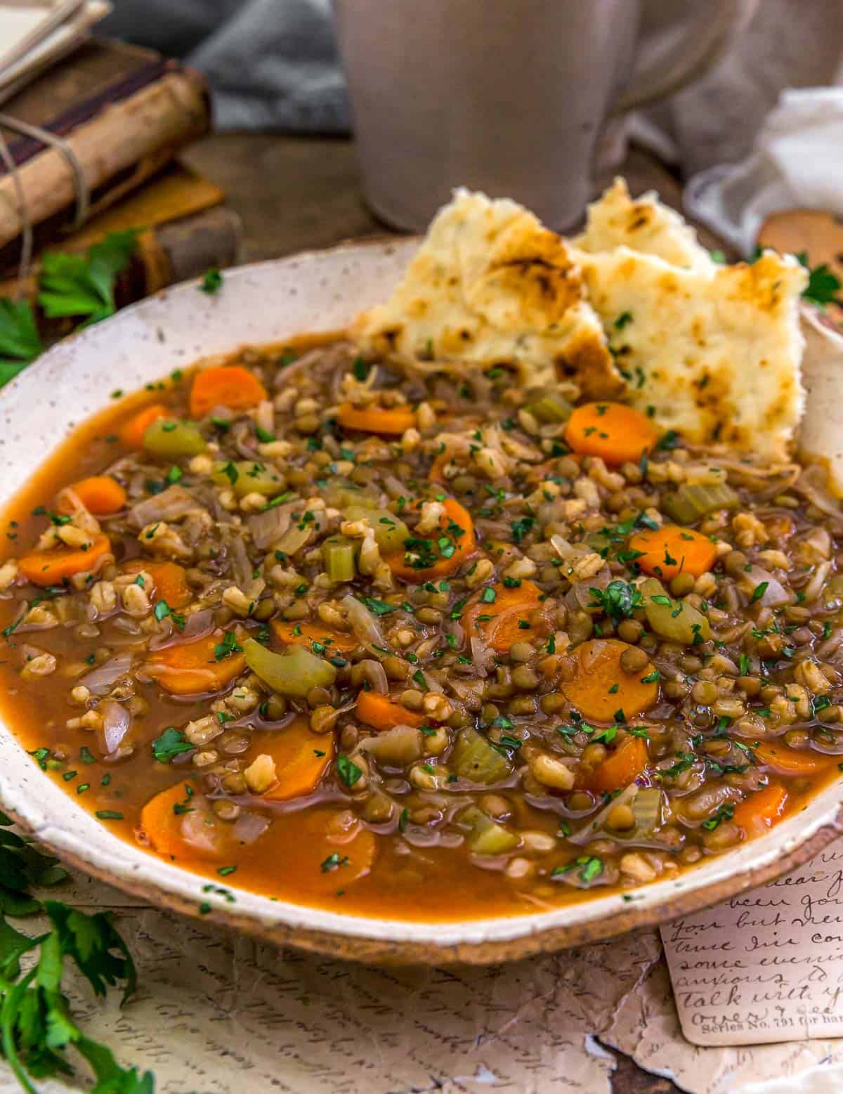 Lentil Barley Cabbage Soup with Pita Bread