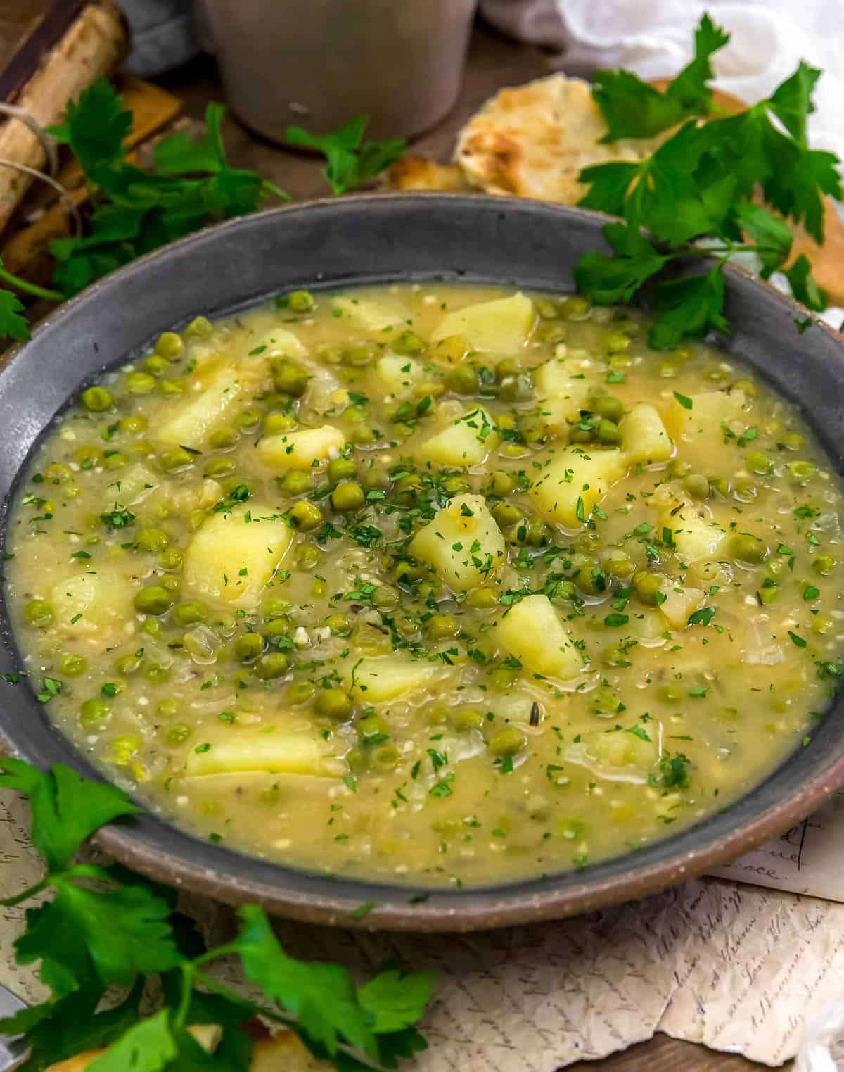 Close up of Low-Fat Potato and Sweet Pea Soup