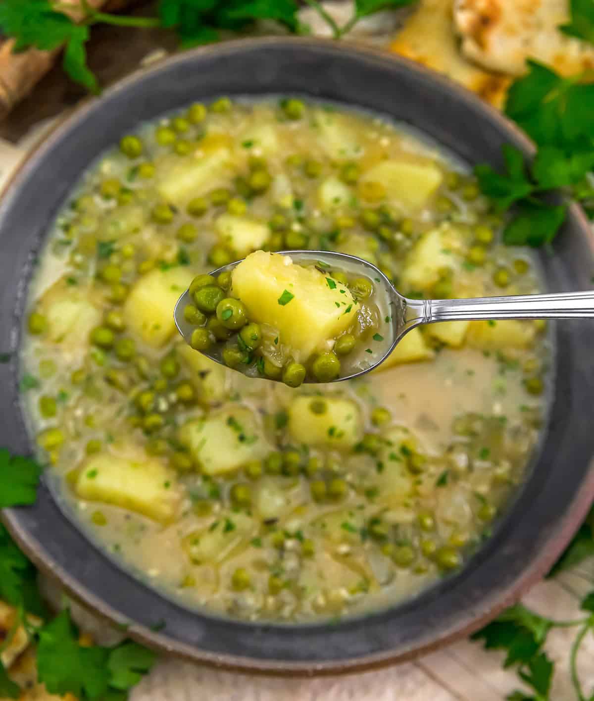 Spoonful of Low-Fat Potato and Sweet Pea Soup