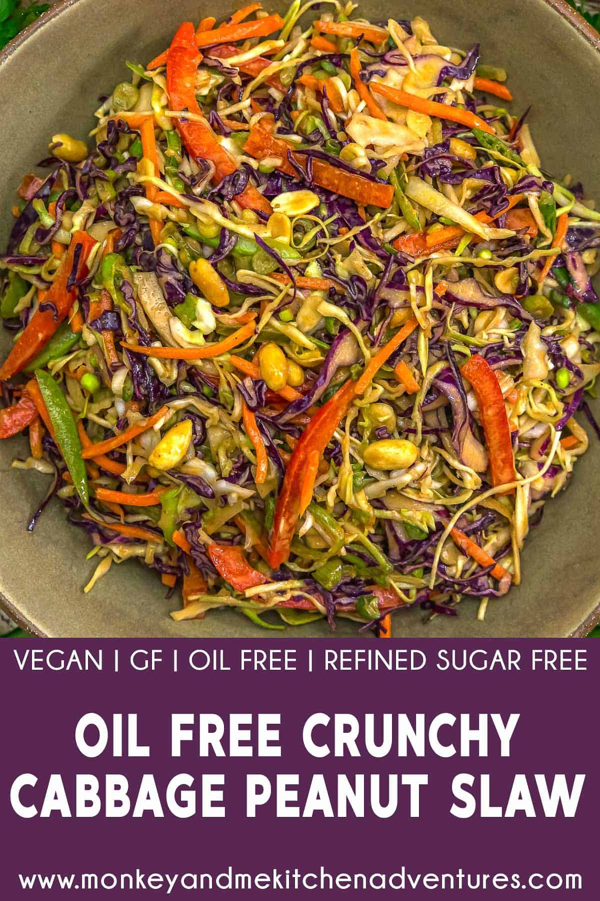 Oil-Free Crunchy Cabbage Peanut Slaw with text description