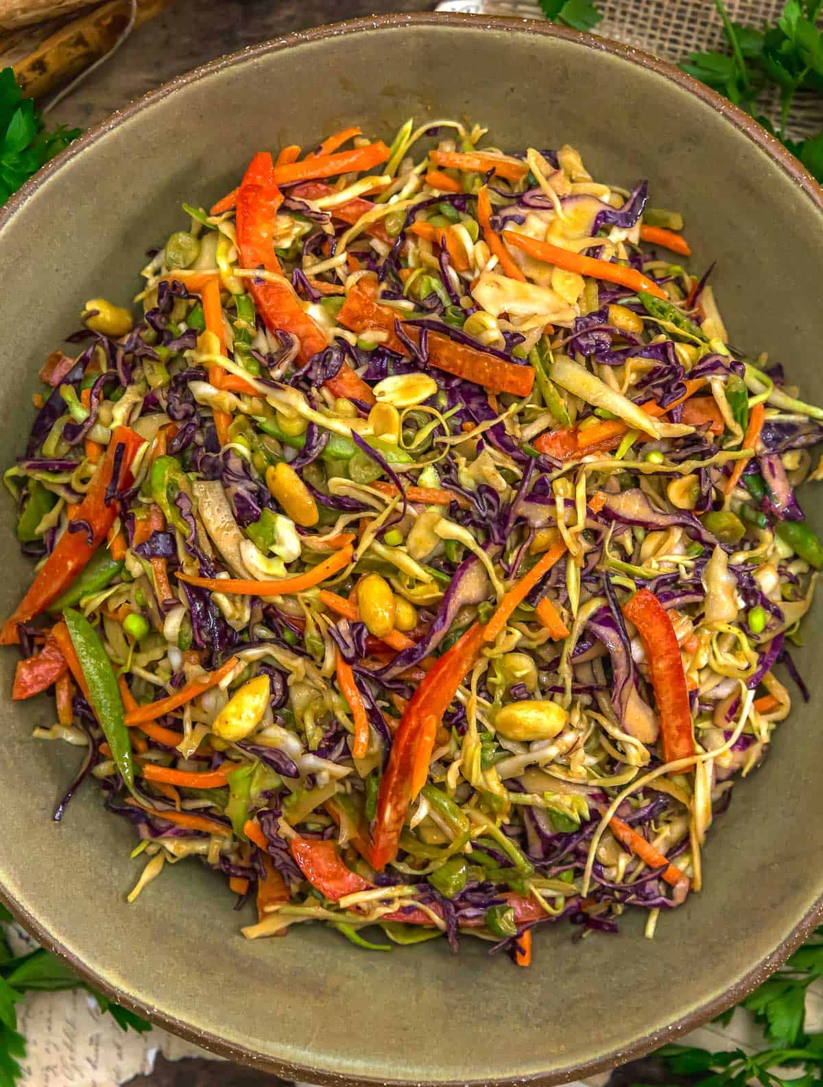 Bowl of Oil-Free Crunchy Cabbage Peanut Slaw