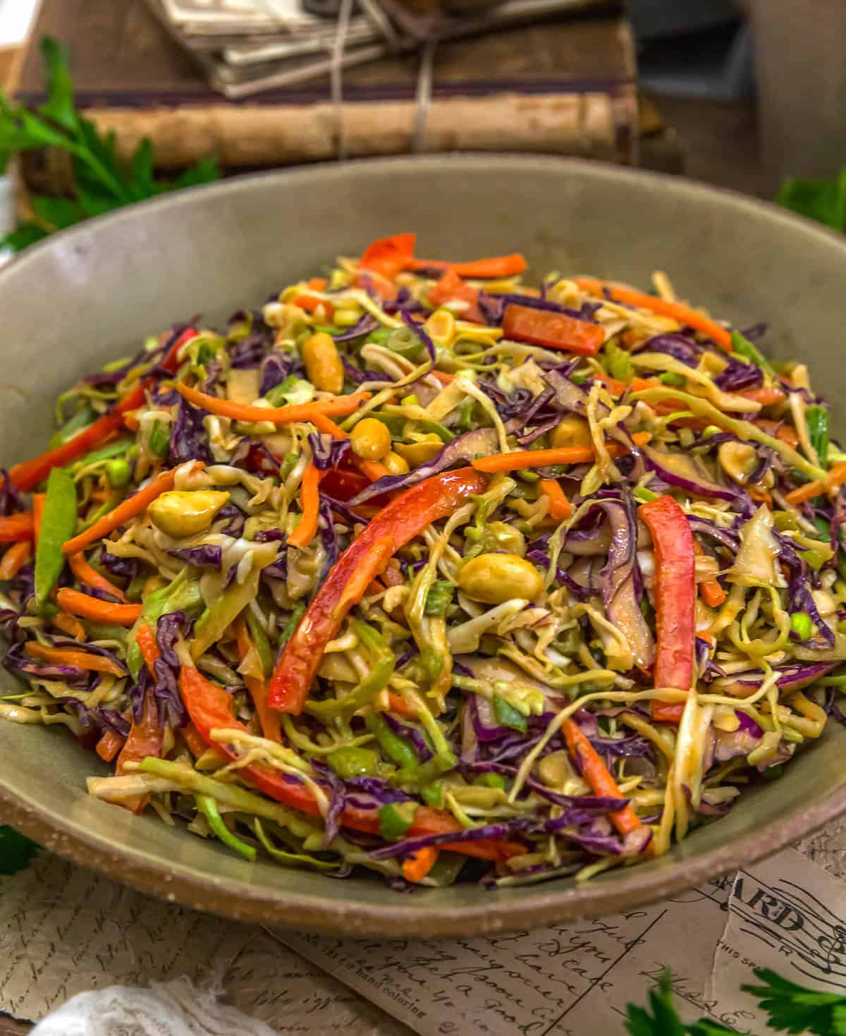 Close up of Oil-Free Crunchy Cabbage Peanut Slaw
