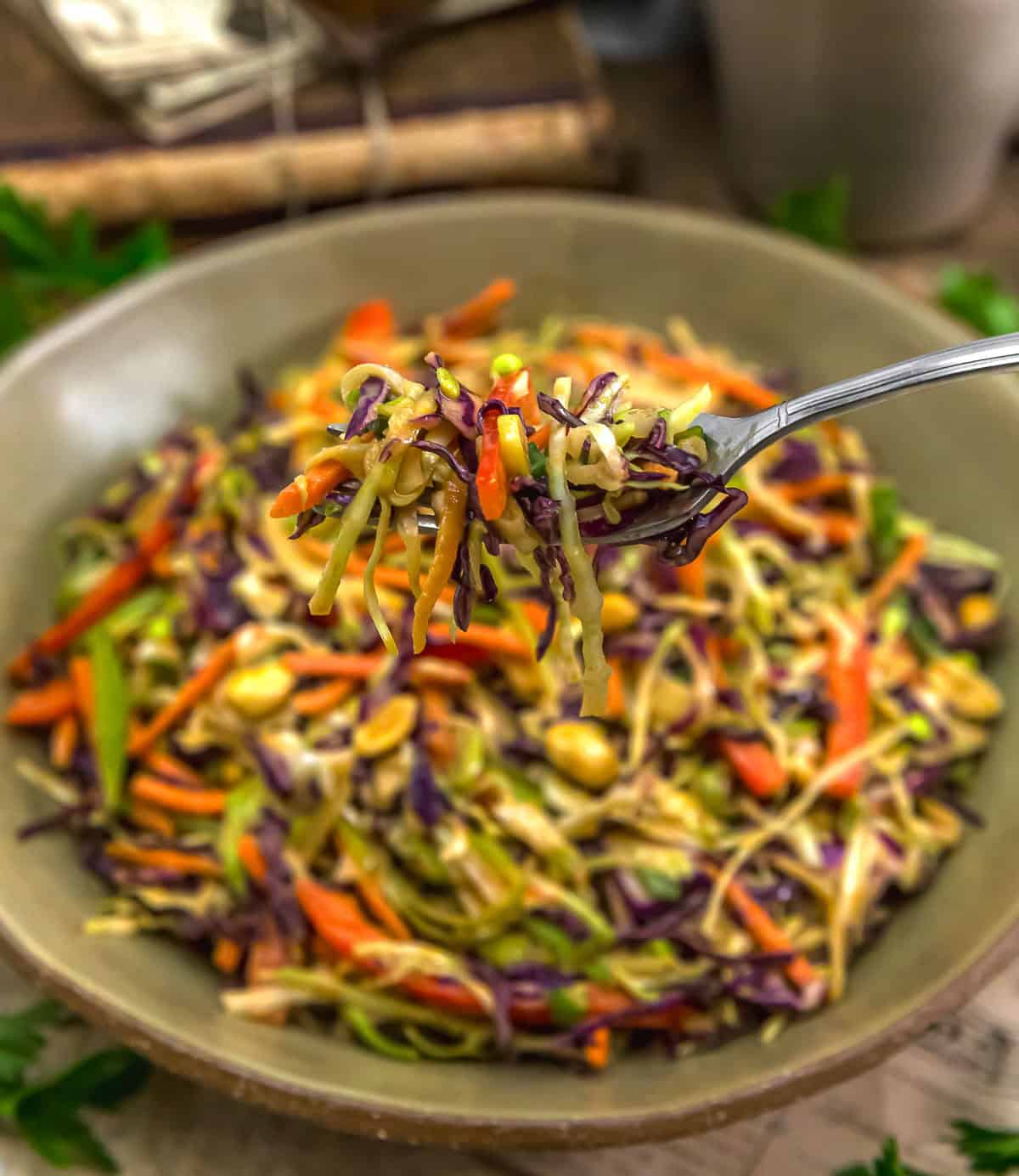 Forkful of Oil-Free Crunchy Cabbage Peanut Slaw