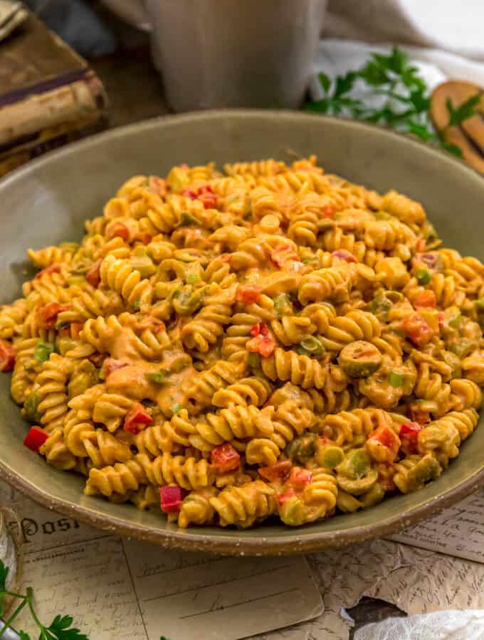 Close up of Vegan Old-Fashioned Catalina Pasta Salad