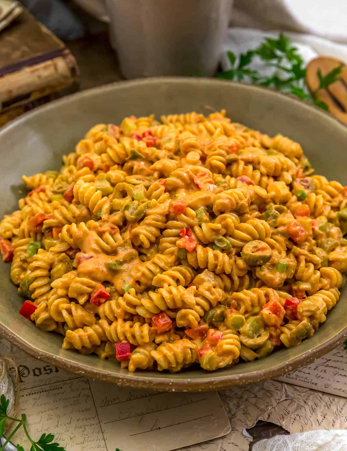 Close up of Vegan Old-Fashioned Catalina Pasta Salad