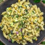 Bowl of Zucchini Corn Pasta Salad with Creamy Pickled Jalapeno Dressing