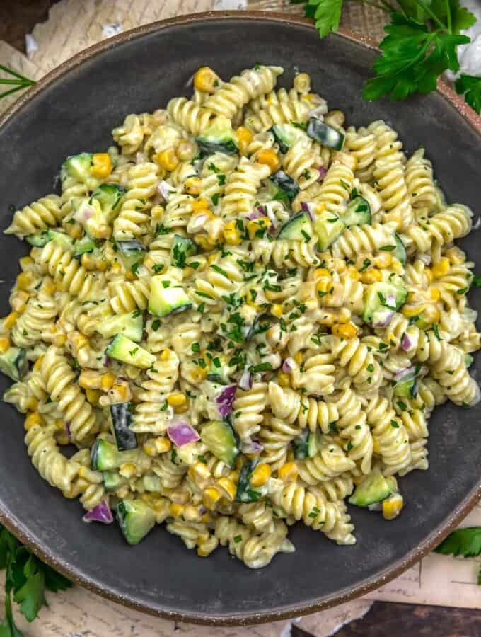 Bowl of Zucchini Corn Pasta Salad with Creamy Pickled Jalapeno Dressing