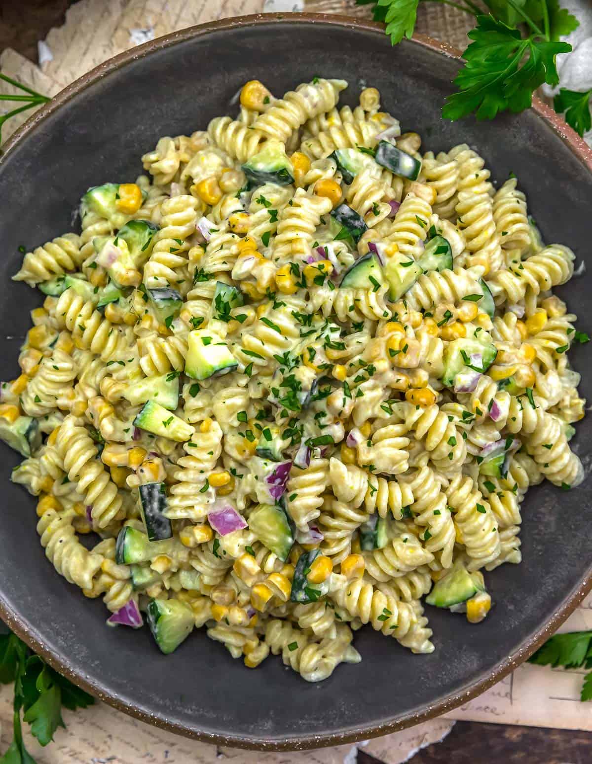 Bowl of Zucchini Corn Pasta Salad with Creamy Pickled Jalapeno Dressing