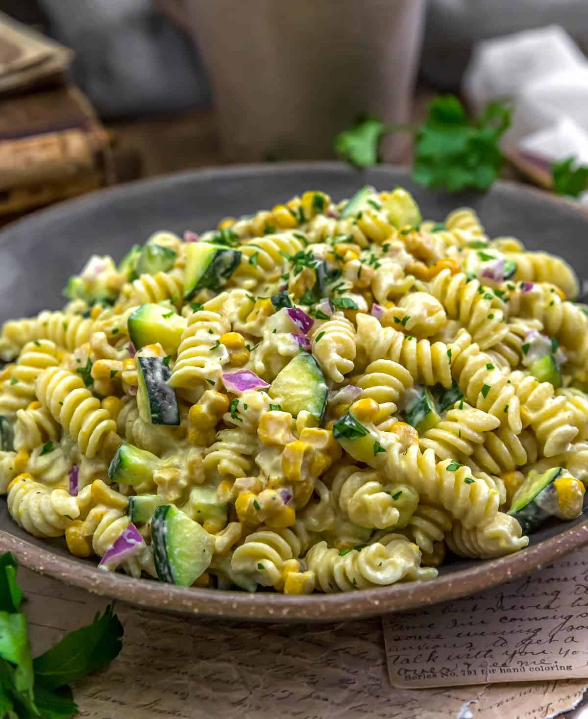 Close up of Zucchini Corn Pasta Salad with Creamy Pickled Jalapeno Dressing