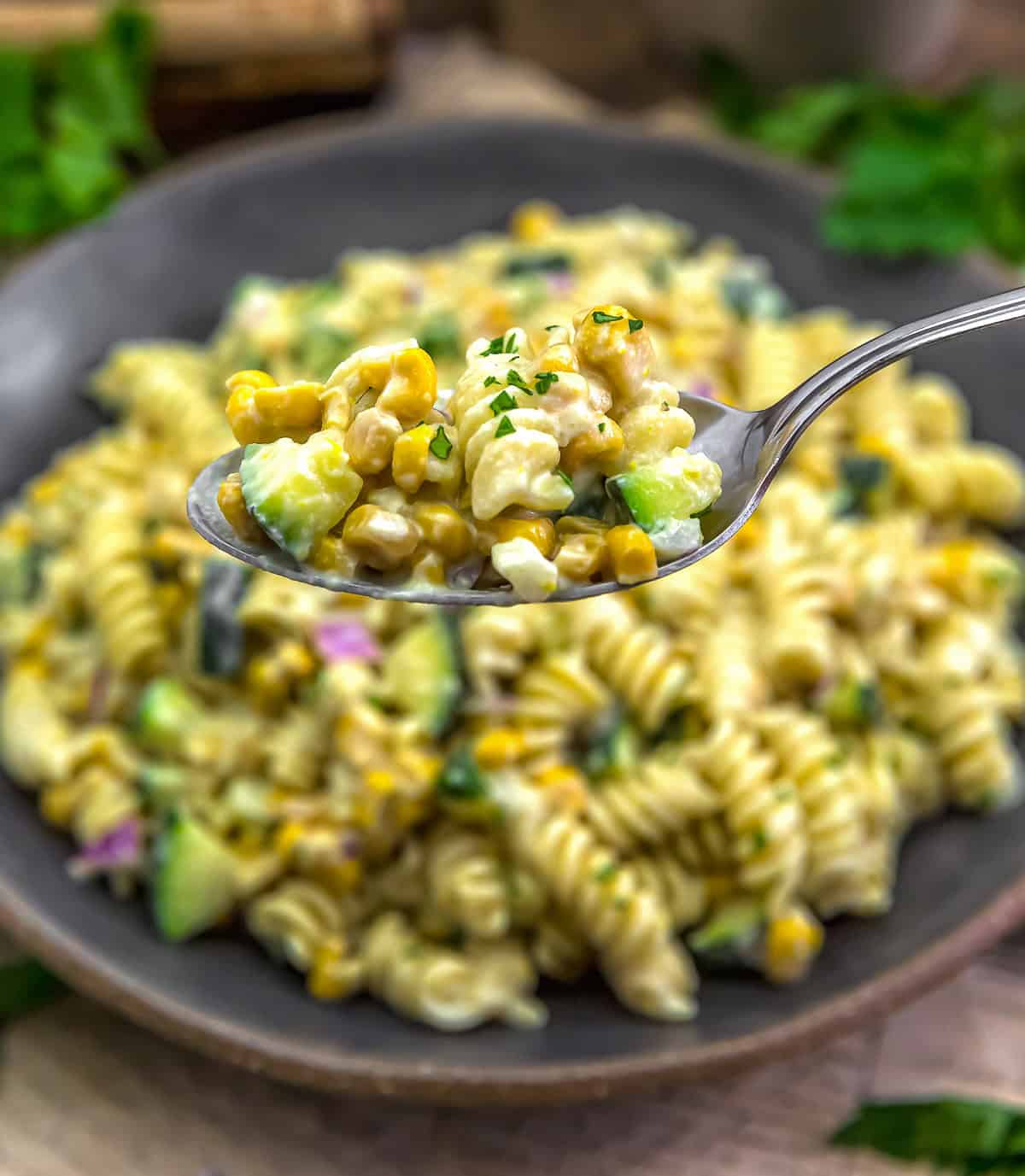 Spoonful of Zucchini Corn Pasta Salad with Creamy Pickled Jalapeno Dressing