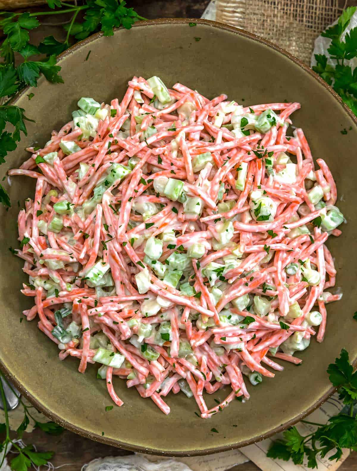 Bowl of Crunchy Carrot and Celery Salad with Creamy Lemon Dressing