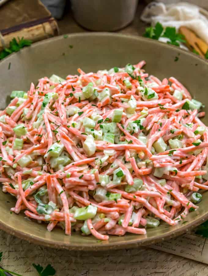 Close up of Crunchy Carrot and Celery Salad with Creamy Lemon Dressing