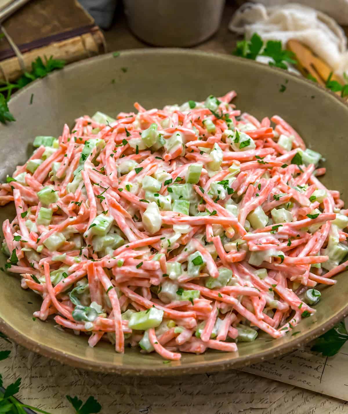 Close up of Crunchy Carrot and Celery Salad with Creamy Lemon Dressing