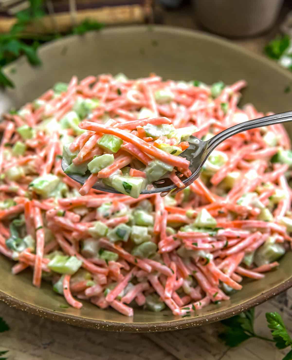 Spoonful of Crunchy Carrot and Celery Salad with Creamy Lemon Dressing