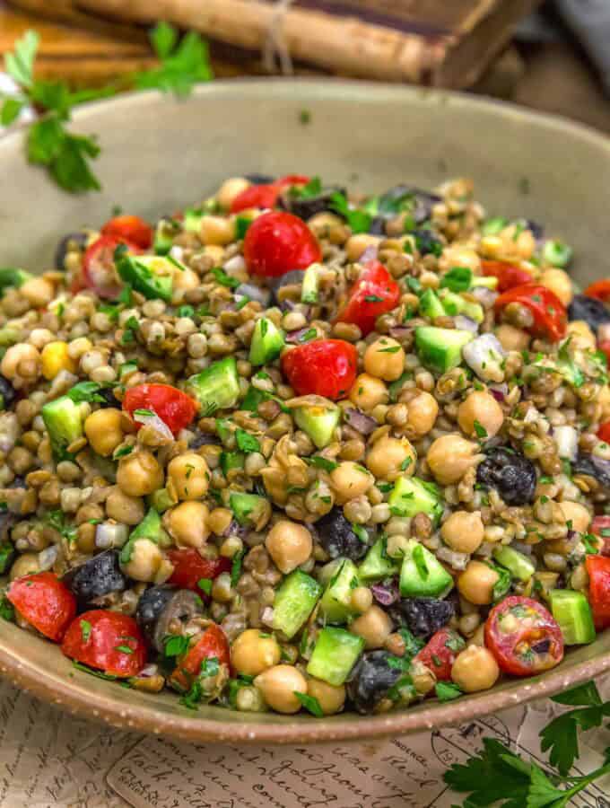 Close up of Easy Mediterranean Lentil Chickpea Salad