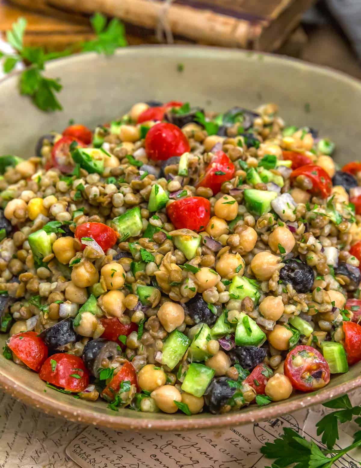 Close up of Easy Mediterranean Lentil Chickpea Salad