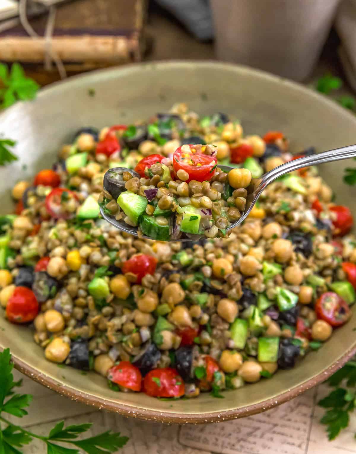 Spoonful of Easy Mediterranean Lentil Chickpea Salad