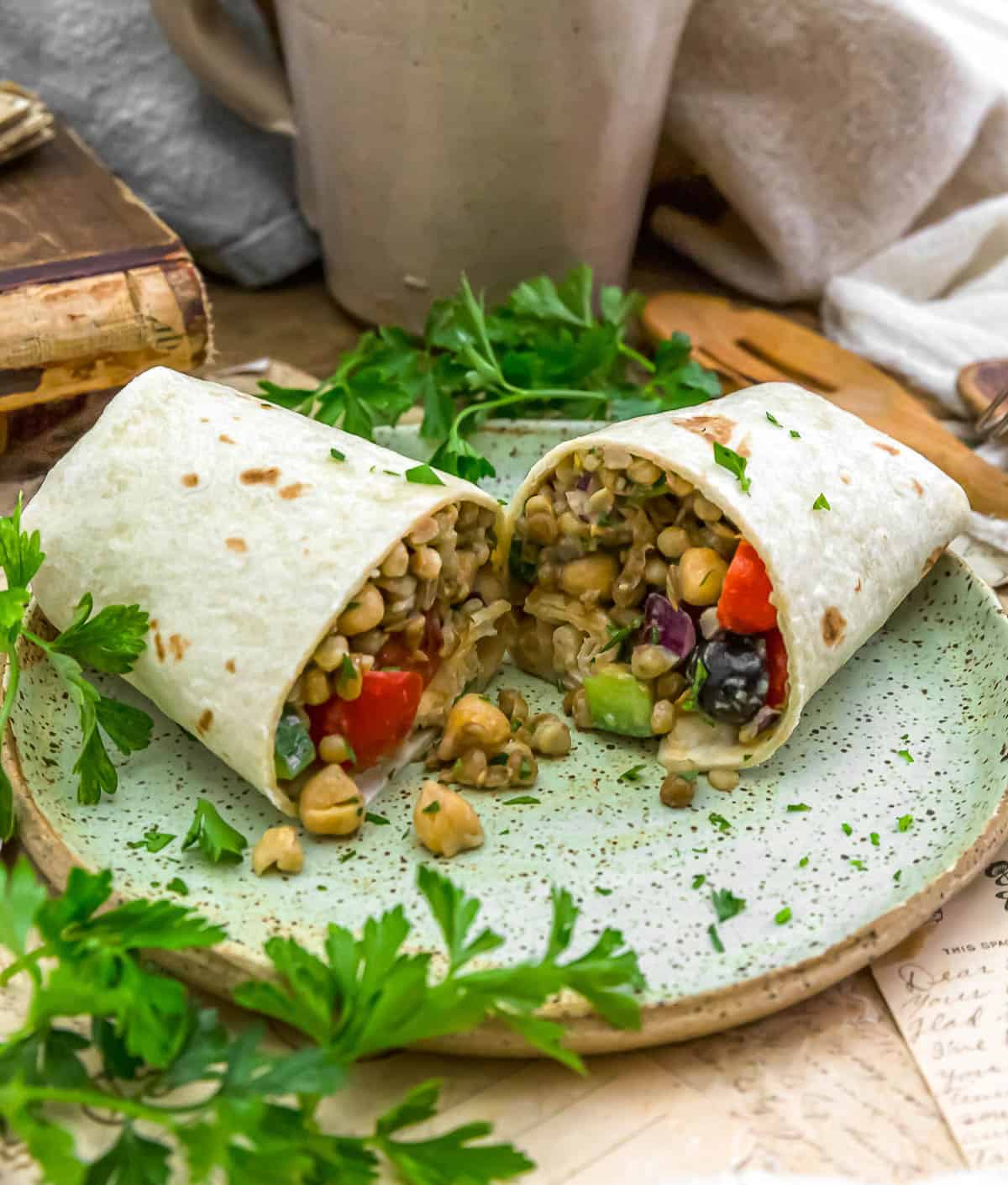 Easy Mediterranean Lentil Chickpea Salad in a wrap