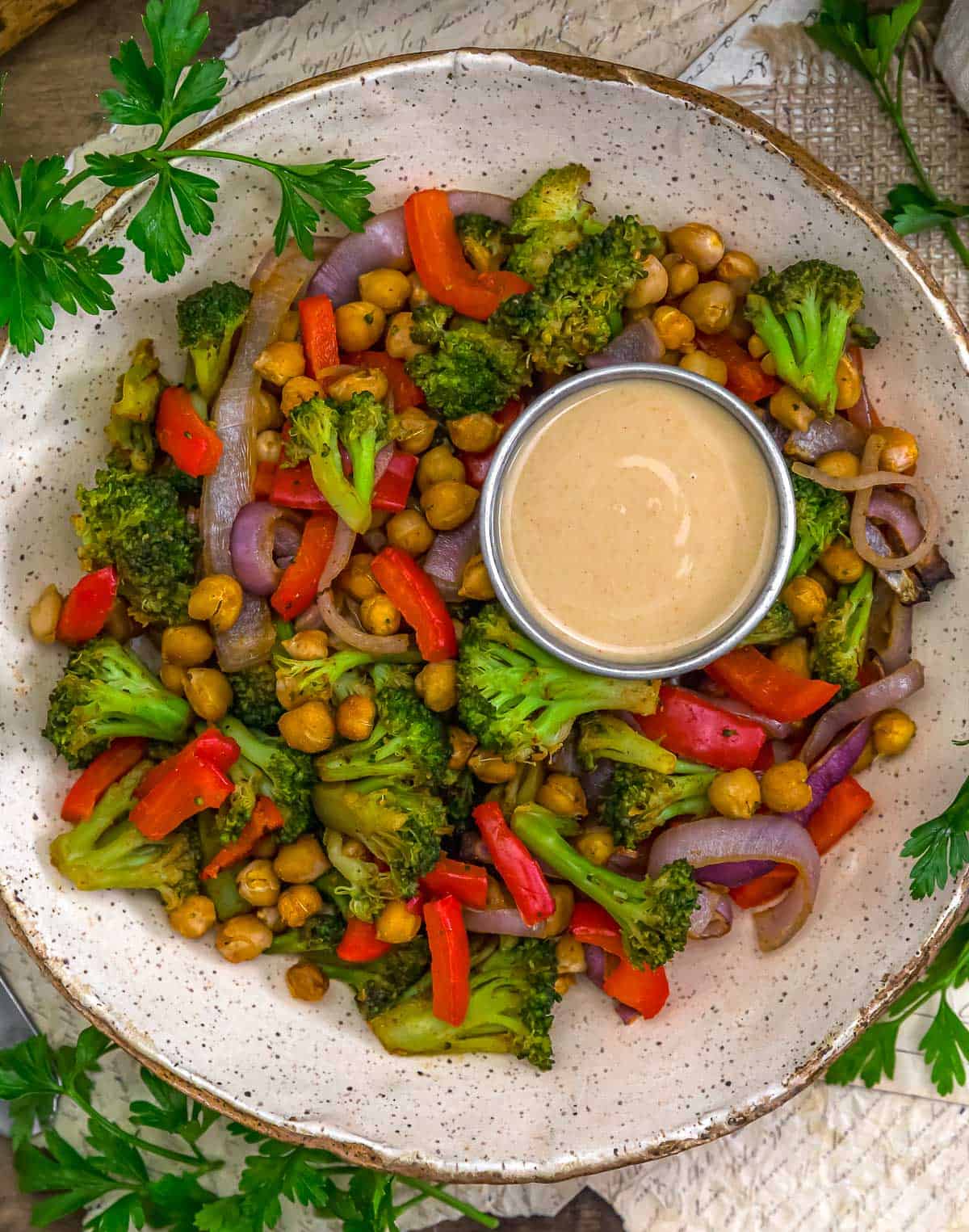 Roasted Veggie Chickpea Bowl with a side of Hummus Dressing