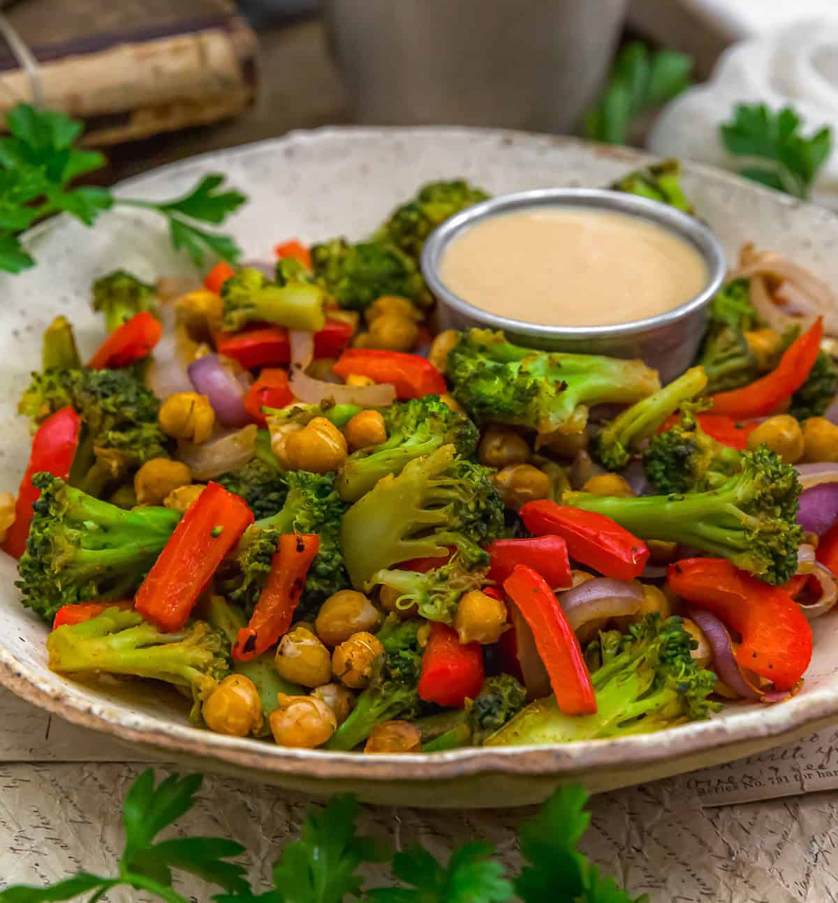 Close up of Roasted Veggie Chickpea Bowl with Hummus Dressing