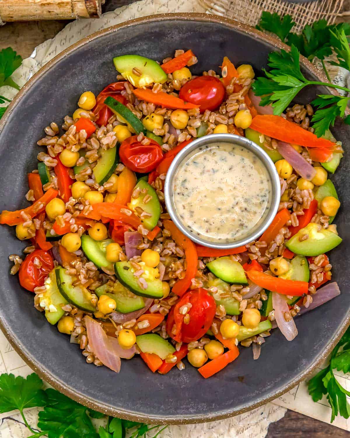 Bowl of Summer Farro Salad with Garden Veggies