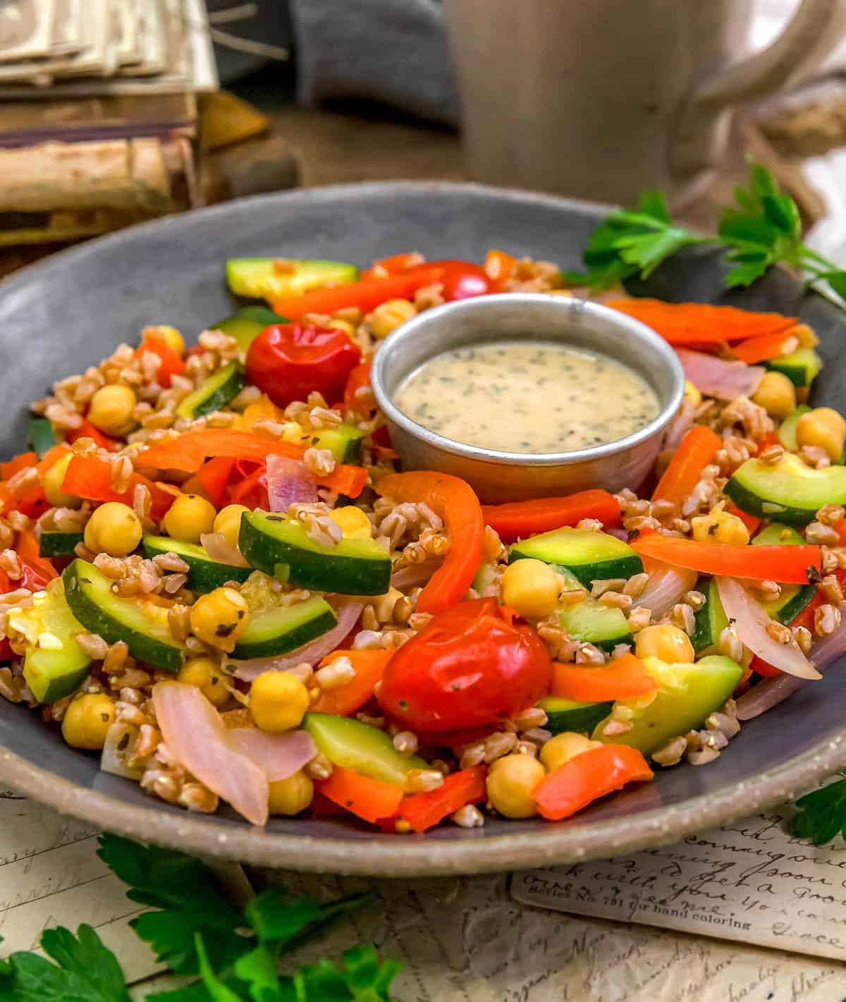 Summer Farro Salad with Garden Veggies with dressing