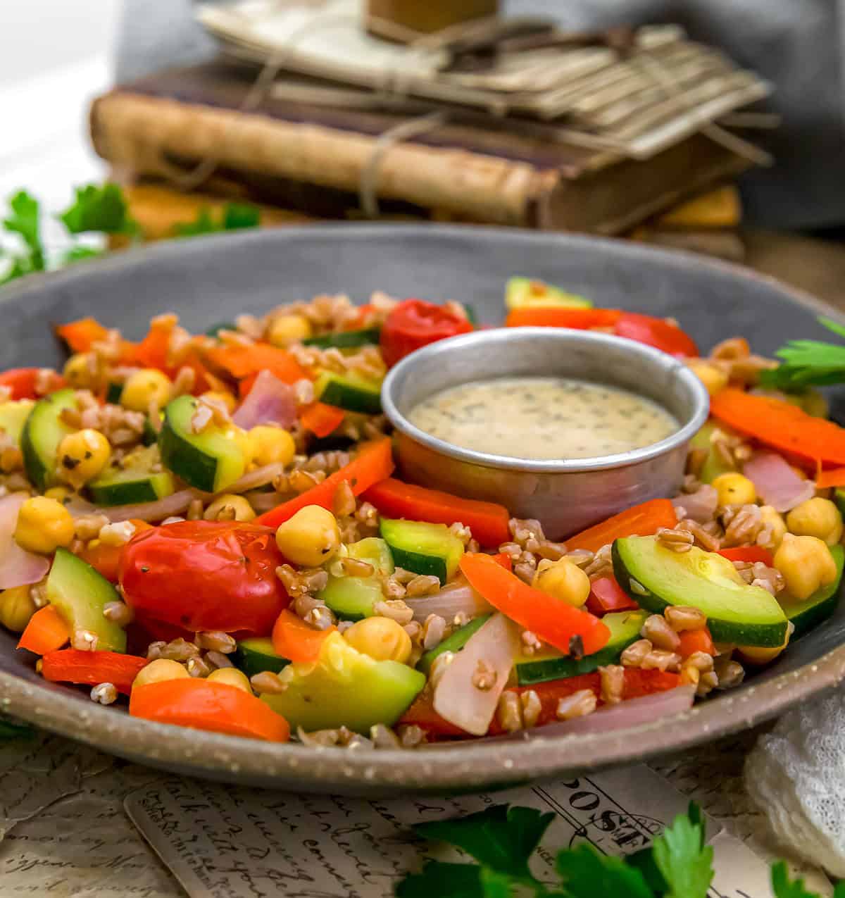Close up of Summer Farro Salad with Garden Veggies