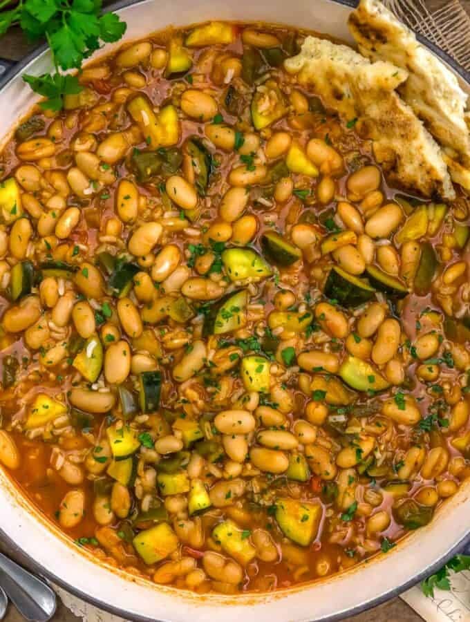 Close up of Turkish Zucchini Bean and Rice Skillet