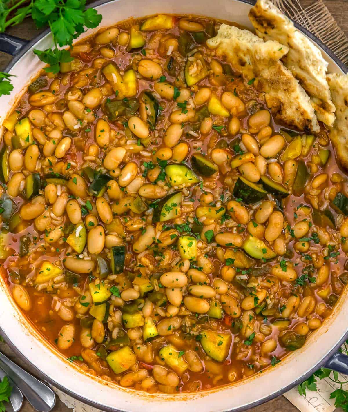 Close up of Turkish Zucchini Bean and Rice Skillet
