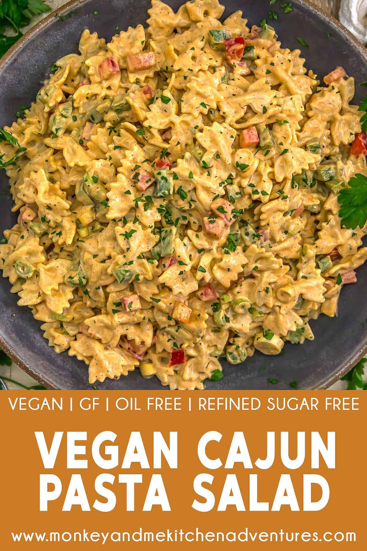 Vegan Cajun Pasta Salad with text description