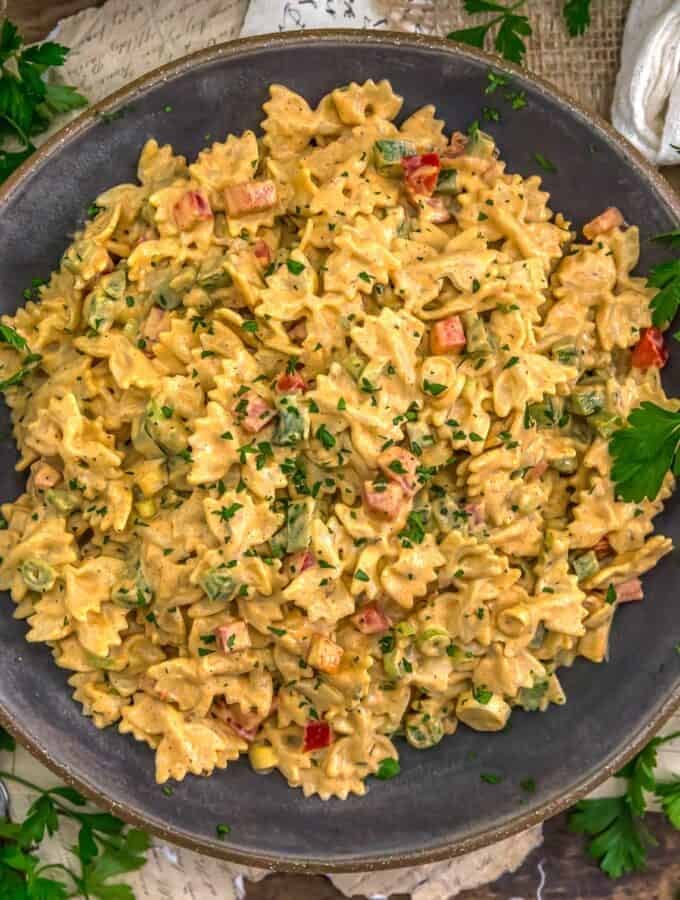 Bowl of Vegan Cajun Pasta Salad