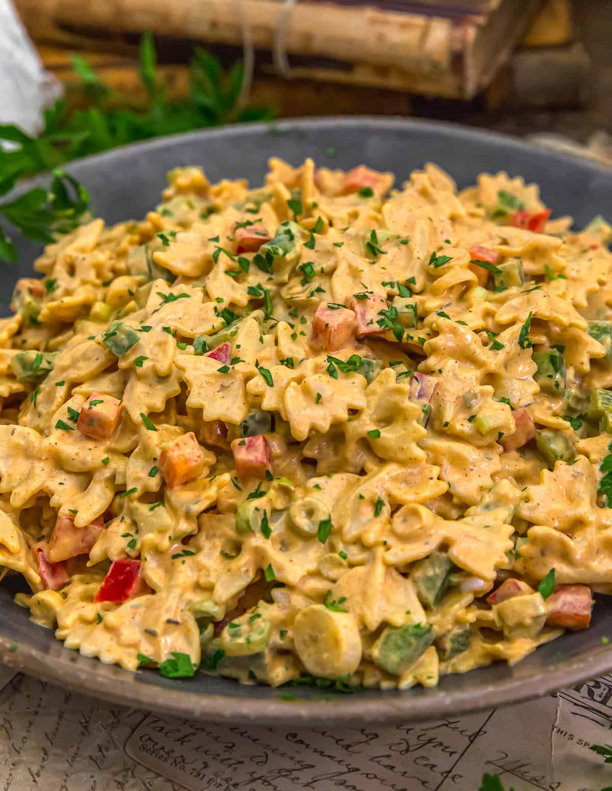 Close up of Vegan Cajun Pasta Salad