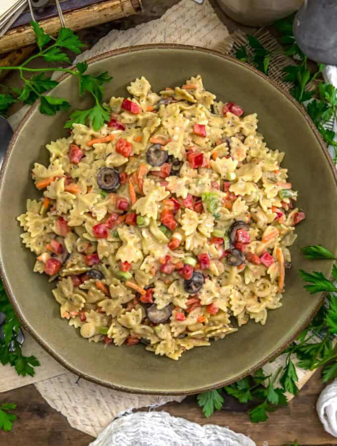 Bowl of Vegan Creamy Italian Hummus Pasta Salad