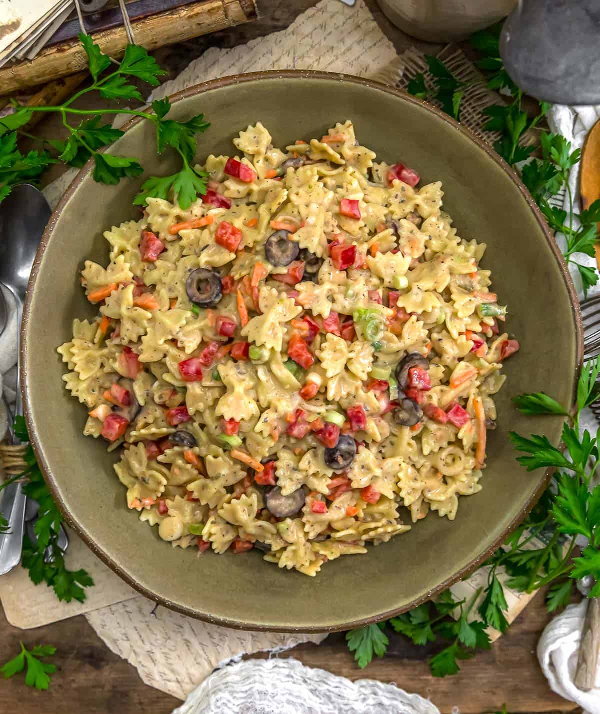 Bowl of Vegan Creamy Italian Hummus Pasta Salad