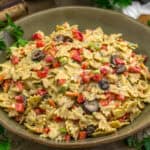 Close up of Vegan Creamy Italian Hummus Pasta Salad