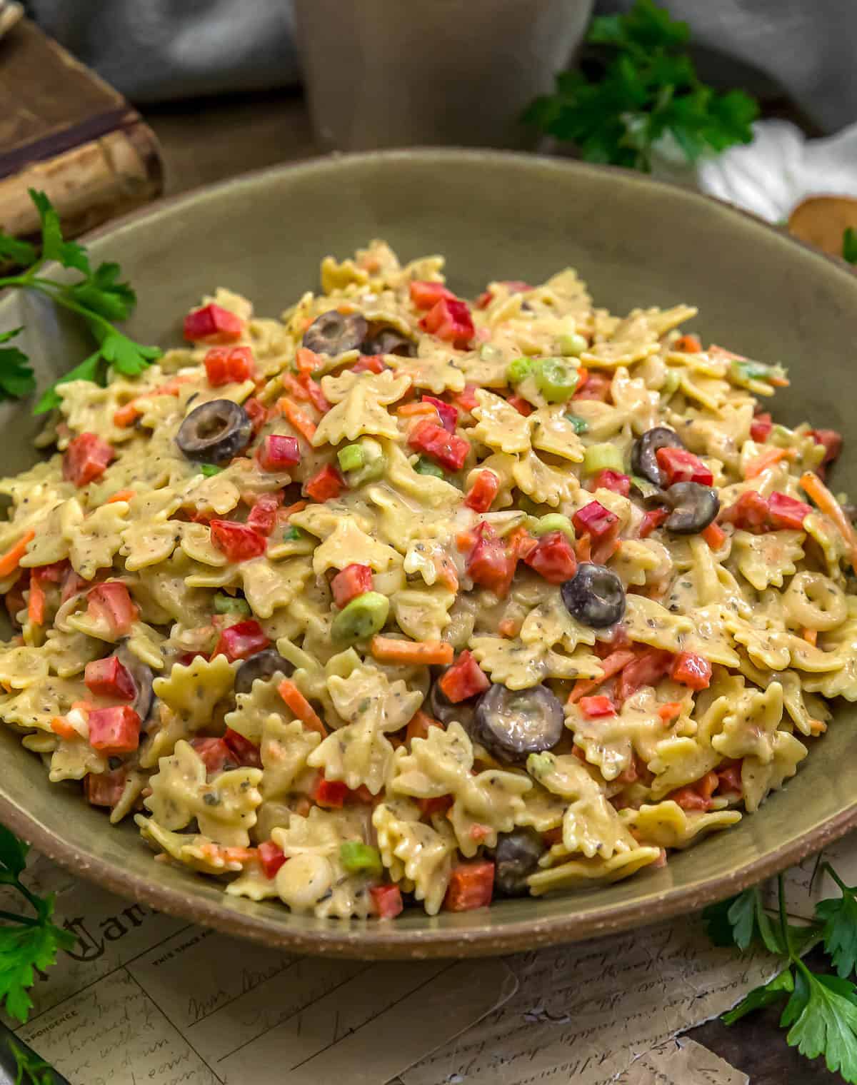 Close up of Vegan Creamy Italian Hummus Pasta Salad