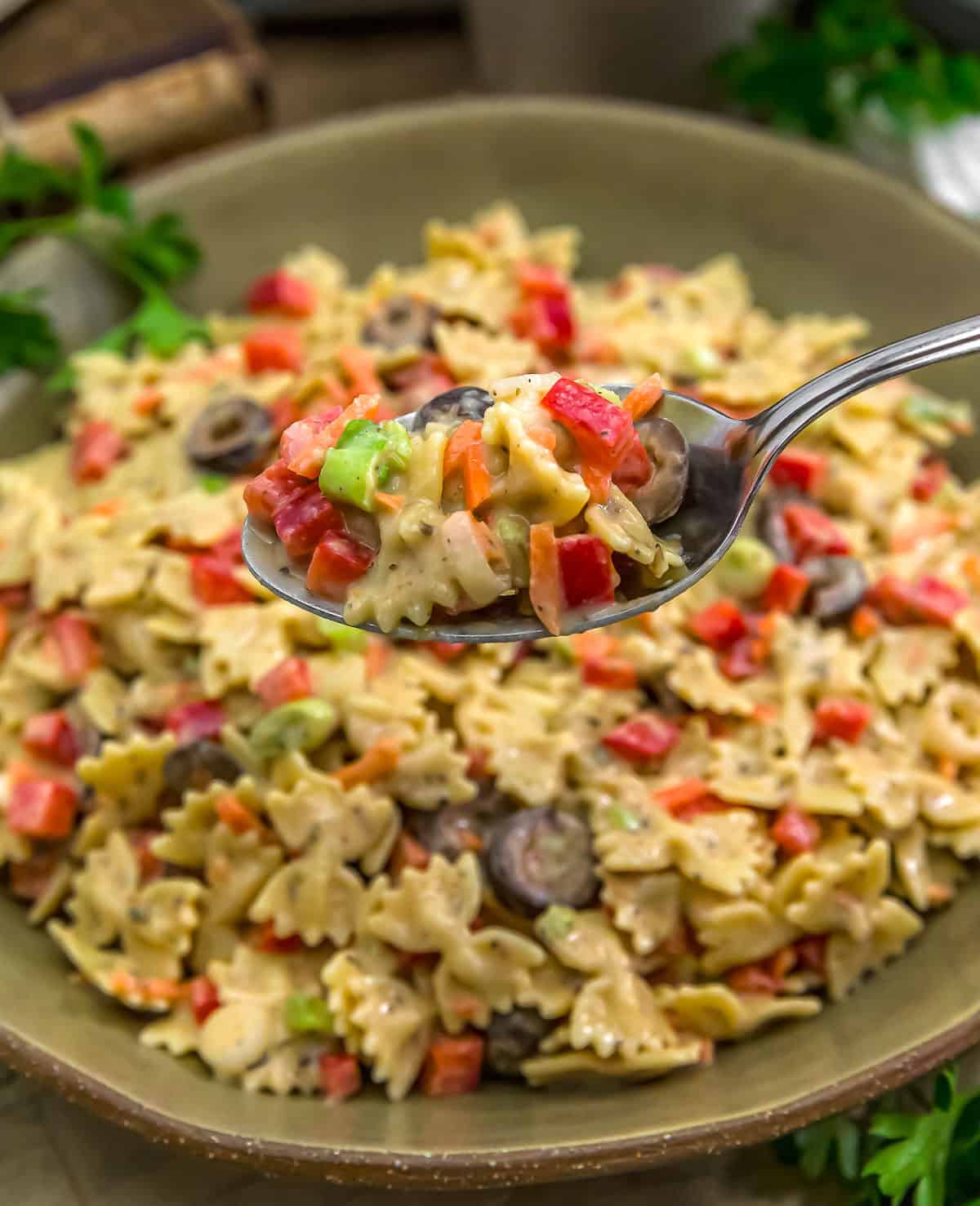 Spoonful of Vegan Creamy Italian Hummus Pasta Salad