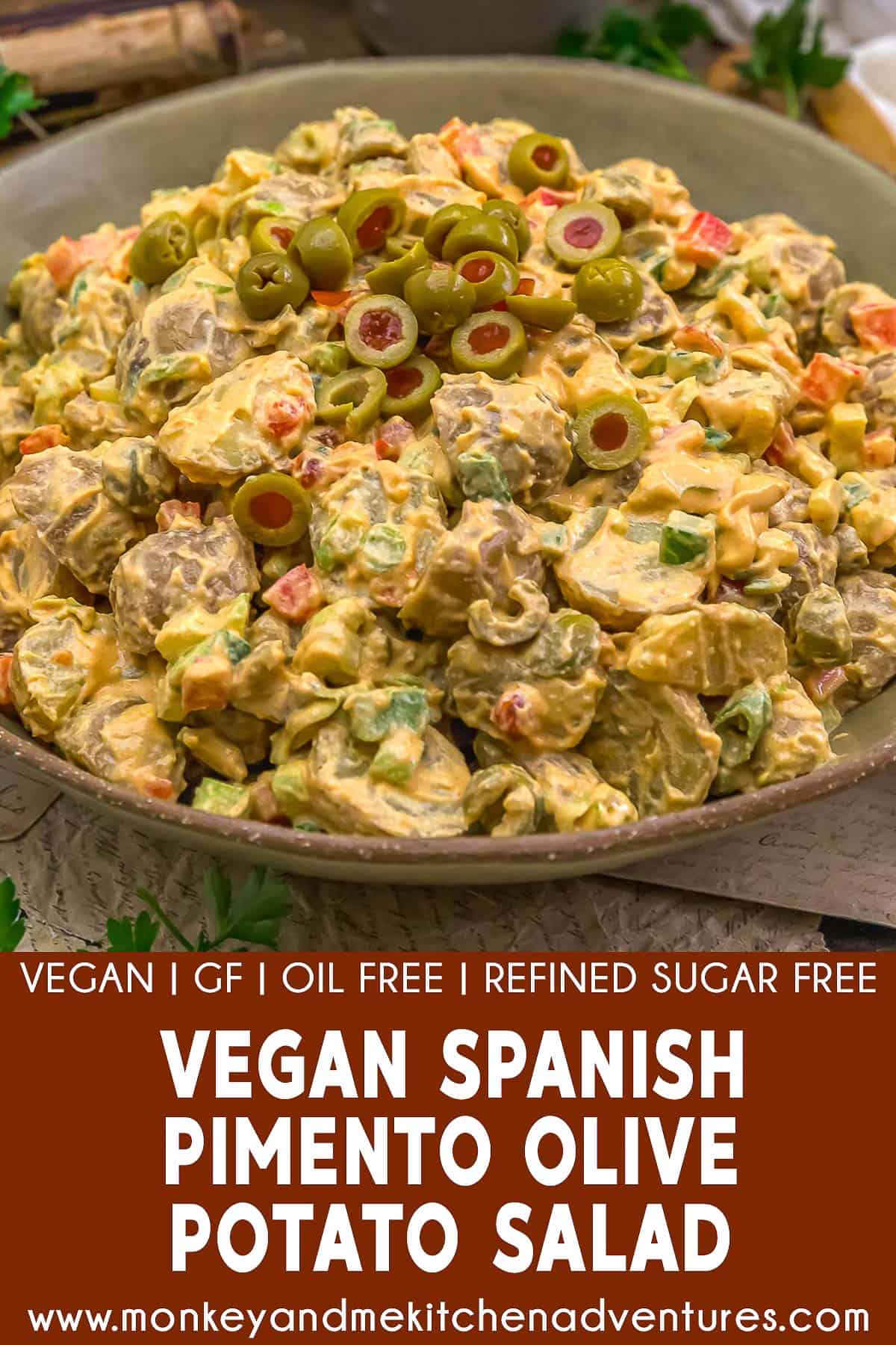 Vegan Spanish Pimento Olive Potato Salad with text description