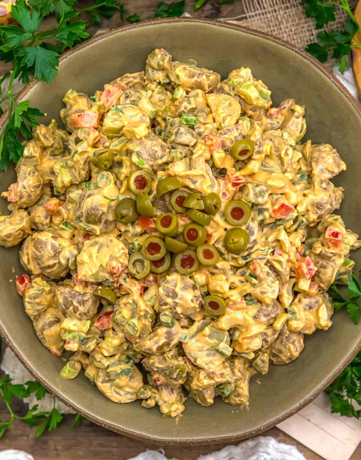 Bowl of Vegan Spanish Pimento Olive Potato Salad