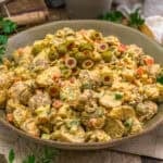 Close up of Vegan Spanish Pimento Olive Potato Salad